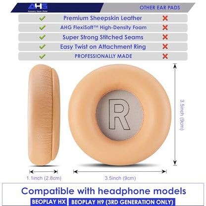 AHG Accessory House Global Ear Pads Cushions Compatible with Bang & Olufsen Beoplay H9 3rd Gen (Not Compatible with H9 / H9i) and Beoplay HX Headphones (Tan). Premium Sheepskin Leather - color: Tan