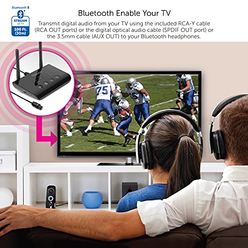 Aluratek Bluetooth Audio Receiver and Transmitter with Low Latency, Dual Antenna, Support Up to 100 Foot Range for Wireless from TV to Headphone/Speaker, PC, Home Theatre - ABCD54F