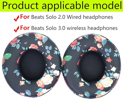 Replacement Ear Pads Compatible with Beats Solo 3.0 Wireless Black Flower | for Beats Solo2 wired headphones Memory Foam/Protein Leather Earpads Earmuffs(Not for Studio headphones) - color: Black Flower