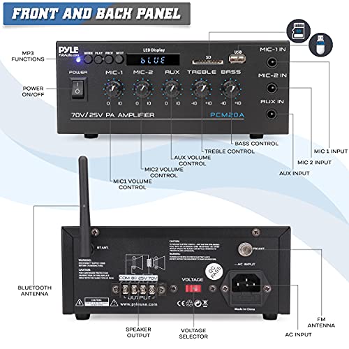 Pyle Compact Mini Home Power Amplifier - 40W Smart Small Audio Stereo Receiver w/AUX, 2 Microphone in, COM/8-Ohm/25V/70V Speakers, LED, Input Selector, for PA, Amplified Speaker Sound System PCM20A.5 | COM/8-Ohm/25V/70V Connect, LED Display - PCM20A.5 - s