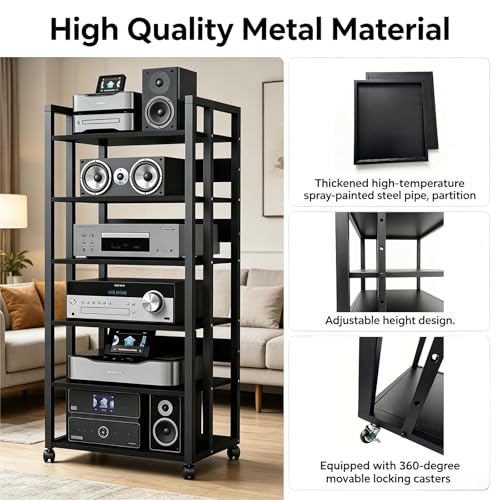 6-Tier AV Media Stand with Wheels, Audio Rack Cabinet | Heavy Duty Adjustable Metal Stereo Cabinet,Home Theater Component Cabinet for Record Player, DVD Player, Streaming Devices
