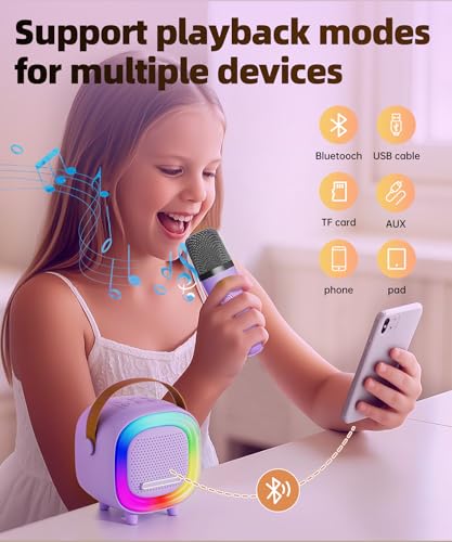 Kids Karaoke Machine Toy Ages 3-12, Mini 2 Wireless Mics Bluetooth Speaker | LED Party Lights, Voice Changer, Duets, BT 5.3, Rechargeable Portable, Christmas Birthday Gifts for Toddler Boys & Girls - color: Purple - 2 Mics