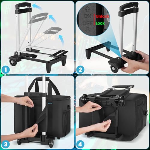Rolling DJ Cable File Bag, DJ Gig Bag Padded Case with Detachable Trolley & Dividers, Cable Organizer with Multi-pocket & Compartment for 15.6'' Laptop, DJ Gear, Musical Instrument, Sound Equipment