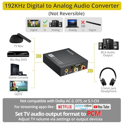 PROZOR 192KHz 디지털 - 아날로그 오디오 컨버터, DAC 광학 - 아날로그 L/R RCA 3.5mm 컨버터, 디지털 SPDIF 토스링크 광학 - 3.5mm 잭 어댑터 PS3 HD DVD PS4 Amp 애플 TV 홈 시네마용 - size: Lightweight Shell, style: 2.0CH PCM