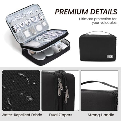 Electronic Organizer Travel Case, Double Layer Cable Organizer Bag | Double-layer design with adjustable dividers, mesh pockets and elastic loops for chargers, cables, power banks and gadgets - color: black