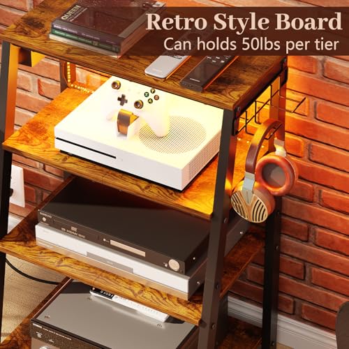4-Tier AV Media Stand with Power Strips, Heavy Duty Stereo Cabinet Stand with LED Lights, Wooden Record Player Stand with 2 Hooks, Audio Stand Furniture Perfect for DVD Player/Game Console/TV Box/Xbox - style: With Outlet and Light