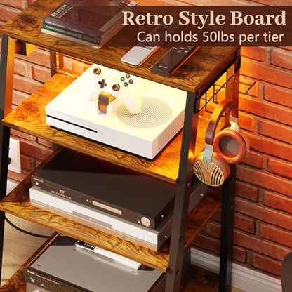 4-Tier AV Media Stand with Power Strips, Heavy Duty Stereo Cabinet Stand with LED Lights, Wooden Record Player Stand with 2 Hooks, Audio Stand Furniture Perfect for DVD Player/Game Console/TV Box/Xbox - style: With Outlet and Light