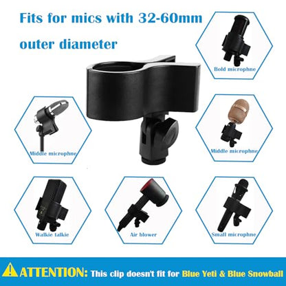 Large Microphone Clip, Heavy-Duty Universal Microphone Clamp with Adjustable & Locking Angle Head and Steel Threads (1/4" 3/8" 5/8") – Fits Handheld, Wireless, Studio Mics (1.4" to 2.4") - color: Black