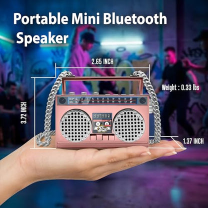 Portable Bluetooth Speakers, Retro Speakers Bluetooth Wireless Wearable | Mini Bluetooth Boombox with 27” Neck Chain, FM Radio, On-Board Buttons, Dual 3W Peak Power Bluetooth Speaker for Anywhere - color: Rose Gold/ Silver