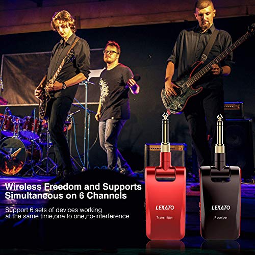 LEKATO 2.4GHz Wireless Guitar System - 6 Channels Rechargeable Wireless Transmitter & Receiver for Guitar & Bass, Stereo & Mono 1/4' & 1/8' 2 in 1 Plugs (Black & Red) - color: red