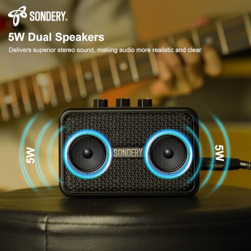 Sondery Portable Mini Guitar Amp,Rechargeable 5W Small Electric Amplifier | With Overdrive/Clean Effects and Bluetooth,Two Speakers,For Practice and Traveling,Black - color: Black