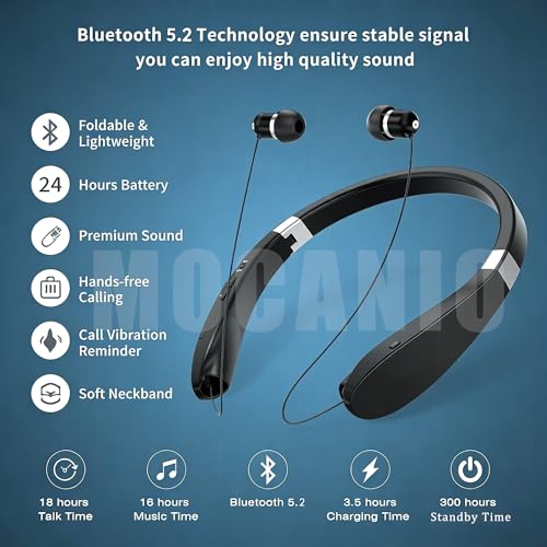 Bluetooth Neckband Headphones, Wireless Foldable Earbuds with Retractable Earbud Cords, 18H Talk Time Stereo Sound, Sweatproof Lightweight in-Ear Earphones for Running, Gym, Travel