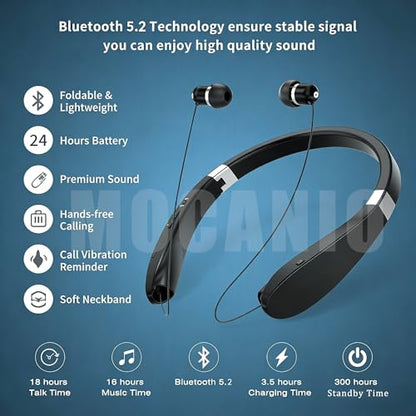 Bluetooth Neckband Headphones, Wireless Foldable Earbuds with Retractable Earbud Cords, 18H Talk Time Stereo Sound, Sweatproof Lightweight in-Ear Earphones for Running, Gym, Travel