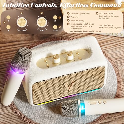 Karaoke Machine with 2 Wireless Mics & Soft Leather Wrap |mini Portable Bluetooth Speaker with 5 Voice Changer Modes for Home Party, AUX/USB/TF Support, for Kids and Adults