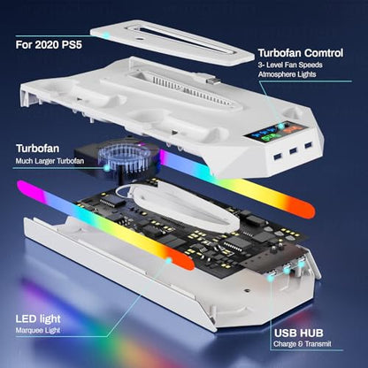 PS5 Stand and Cooling Station with LED Controller Charging Station for PlayStation 5/Slim/Pro Console,Accessories Incl.Controller Charger,PS5 Cooling Fan,Headset Holder,3 USB Hubs - color: RGB-White