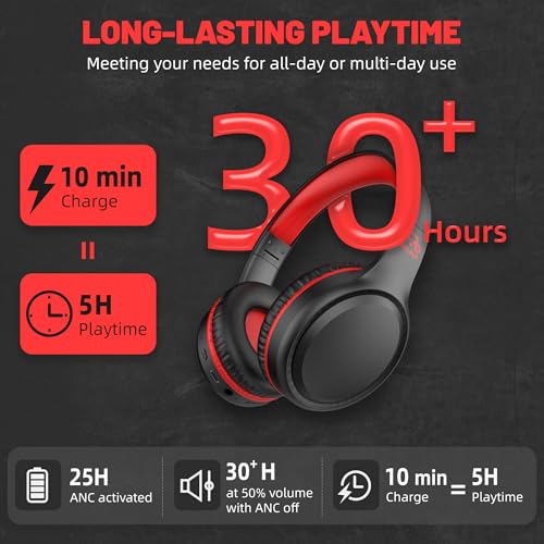 UKELALA U2B ANC Wired & Wireless Bluetooth 6.0 Headphones Foldable with Mic | Up to 30 Hrs Battery, Noise Canceling Foldable Lightweight Head phones with Volume Control‌ for Kids Adult School Black Red - color: Red/Black