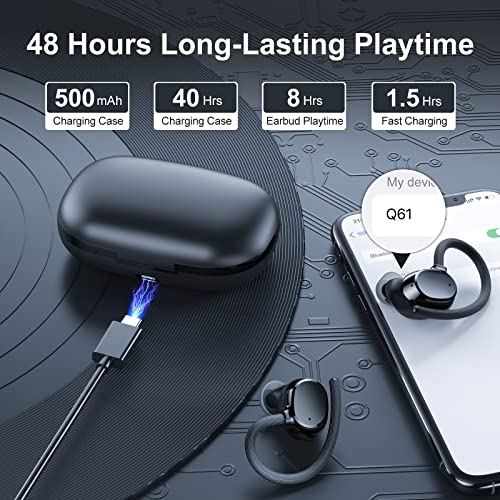 Wireless Earbuds for Small Ear, HiFi Stereo Sport Bluetooth 5.3 Headphones with Earhooks, 48H Deep Bass Ear Buds with LED Display, Noise Cancelling, IP7 Waterproof Earphones Built-in Mic for Running - color: Black