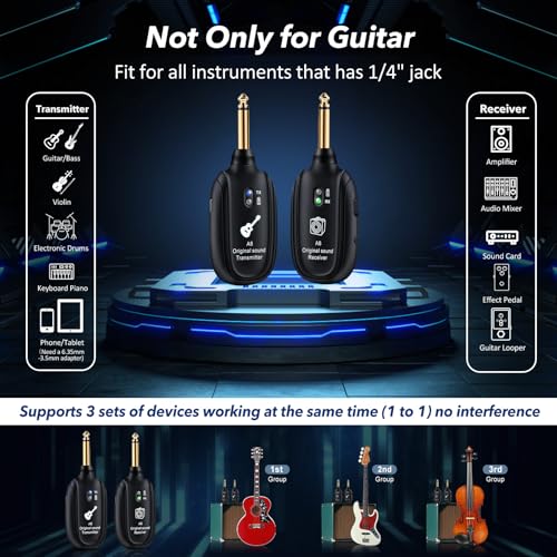 A8 Wireless Guitar System UHF 2 Modes, 100ft Range, 2TX + 1RX