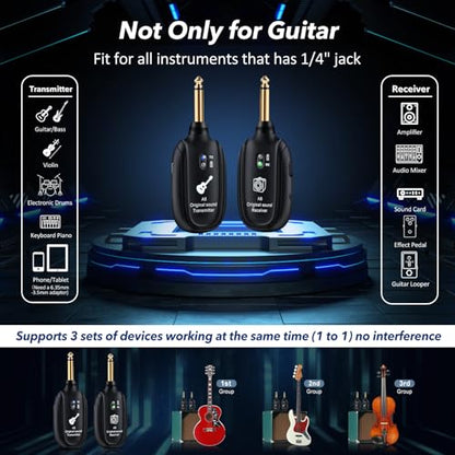 A8 Wireless Guitar System UHF 2 Modes, 100ft Range, 2TX + 1RX