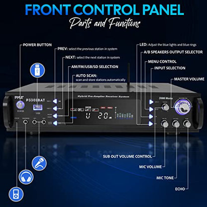 Pyle Bluetooth Home Stereo Amplifier - Hybrid Multi-Channel 3000 Watt Power Amplifier Home Audio Receiver System w/ AM/FM Radio, MP3/USB,AUX,RCA Karaoke Mic in - Rack Mount, Remote - P3301BAT