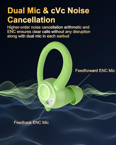 Wireless Earbuds, Bluetooth 5.4 Headphones Sport Over Ear Buds with ENC Mic | Noise Cancelling Mic,48H, Wireless Earphone With Earhooks, Stereo Deep Bass, IP7 Waterproof ear bud for Workout Running,Green - color: Green
