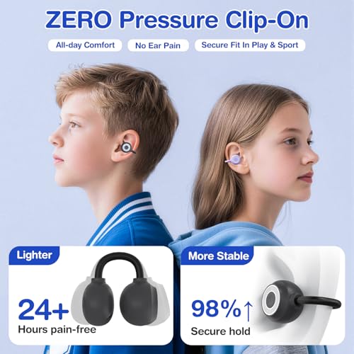 QearFun Kids Bear Ear Clip On Earbuds, Open Ear Earbuds with Rotatable Case - 85dB Safe Volume, 30H Playtime, Built-in Mic, Wireless Bluetooth Headphones for School Travel, Gift for Girls Boys - color: Black Earbuds