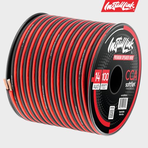 Install Link 14 AWG Gauge Speaker Wire (100 Feet) Car or Home Theater (CCA) | 14/2 Speaker Cable, 2-Conductor, Frosted Red/Black, Easy Strip, Polarity ID, for Car Audio & Home Stereo - size: 100 Feet