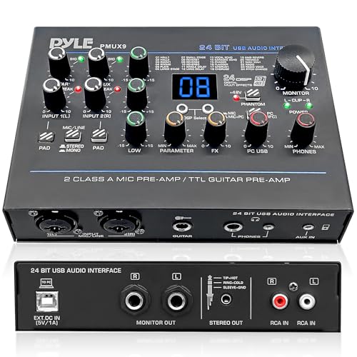 Pyle USB Audio Interface - MIC/LINE - Guitar - AUX Stereo & RCA Inputs - Preset 24 Digital Effects - Phantom Power - Phone/Stereo/Monitor/Headphone Outputs - For Computer Playing & Recording - PMUX9 - style: Interface Digital