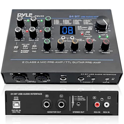 Pyle USB Audio Interface - MIC/LINE - Guitar - AUX Stereo & RCA Inputs - Preset 24 Digital Effects - Phantom Power - Phone/Stereo/Monitor/Headphone Outputs - For Computer Playing & Recording - PMUX9 - style: Interface Digital