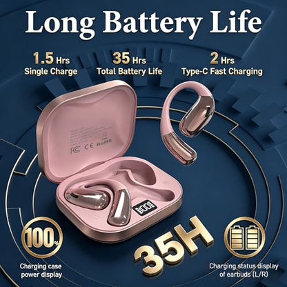 Open Ear Headphones, Wireless Headphones with Smart Digital Display & Mic | (Rose Gold) Open Ear Earbuds 35H Playtime, Sweat Resistant & Waterproof, Secure Comfortable Fit - Running, Sport, Driving - color: Rose Gold
