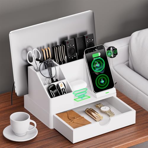 Sleek White PU Leather Charging Station with Drawer - 6-in-1 Multi-Device Desktop Organizer Docking Hub for iPad, Tablet, Laptop, Phone, Watch, Office Home Gift Idea - color: White