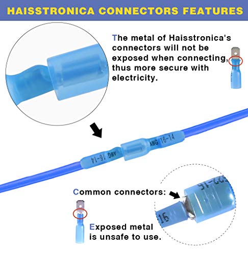 haisstronica 200PCS Heat Shrink Spade Connectors, 16-14 AWG, Female, Blue - color: Blue, size: AWG 16-14 Female 200PCS