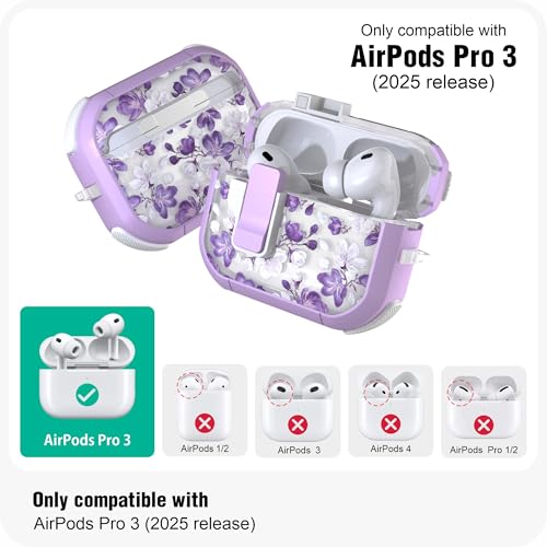 WENEW for AirPods Pro 3 Case (2025) Cover Secure Lock Automatic Snap Switch Clip Cleaner Kit Lanyard Women Stylish Flower Hard Shell Full Body Front LED Visible (Purple Flower, AirPods Pro 3) - color: Purple flower, size: AirPods Pro 3