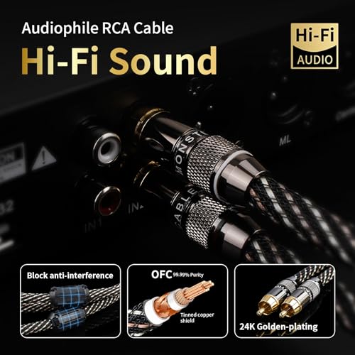 Audiophile HiFi RCA Coaxial Audio Cable 6.56ft - RCA Male to Male | 4N OFC Core, 24K Gold-Plated Plugs, Nylon Braid, Ferrite Core, Dual Shielded Digital Coax Cable for Amplifiers, CD, Turntable - size: 6.56ft/2m