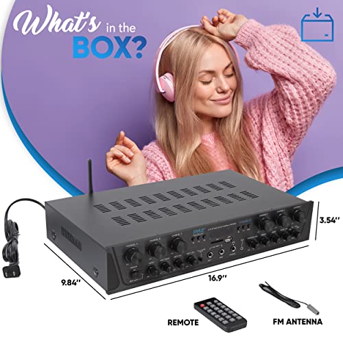 Pyle Bluetooth Home Audio Amplifier - 6 Channel Stereo Receiver Amp, 600 Watt Power, Commercial or Karaoke with Mic Talkover, Headphone Jack, 1/4'' Microphone In, USB SD AUX RCA FM Radio