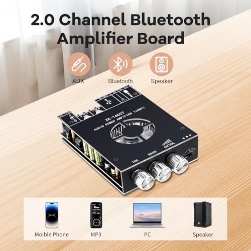 Daakro ZK-1602T Bluetooth Amplifier Board,160W+160W 2.0 Channel Amp Board with Treble and Bass Control,DC 15-36V, Bluetooth and AUX Inputs, Audio Amp Board for Home DIY Wireless Speaker, Password Free - color: ZK-1602T