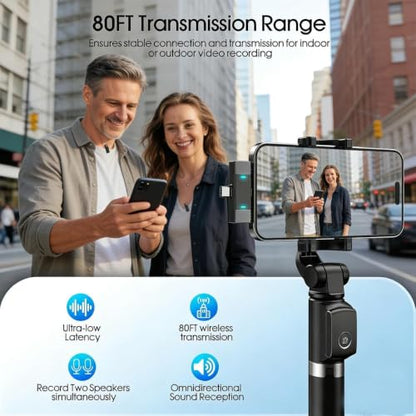 2 Pack Wireless Lavalier Microphone, Active Noise Reduction Mini Clip On Mic with Charging Case, 80ft Transmission, Compatible with iPhone iPad Android, for Interview Recording Vlogging Live Streaming