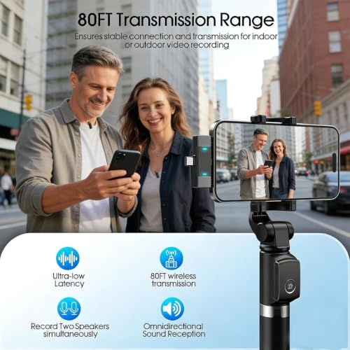 2 Pack Wireless Lavalier Microphone for iPhone iPad Android, Active Noise Reduction Mini Mic with Charging Case 7H Clip On Microphones for Interview, Recording, Vlogging, Live Streaming, 80ft | 80ft range, fits iPhone, iPad & Android; perfect for intervie