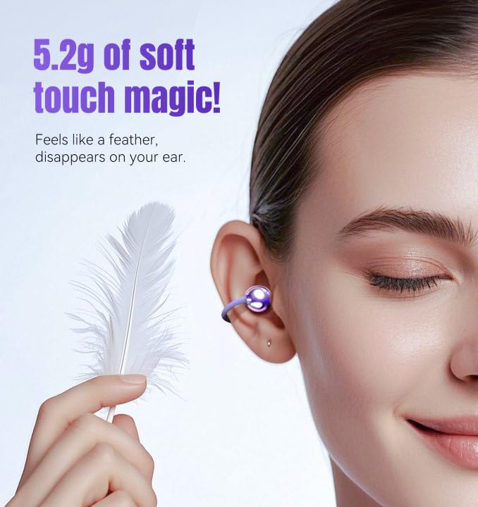 King Lucky Next-gen Clip on Earbuds Open Ear Wireless Bluetooth 6.0 Headphones with Mic,50H Play,ENC,IPX5 Waterproof,Sports Ear Buds,Comfortable for Small Ears&Fitness,Running (Purple) - color: Purple