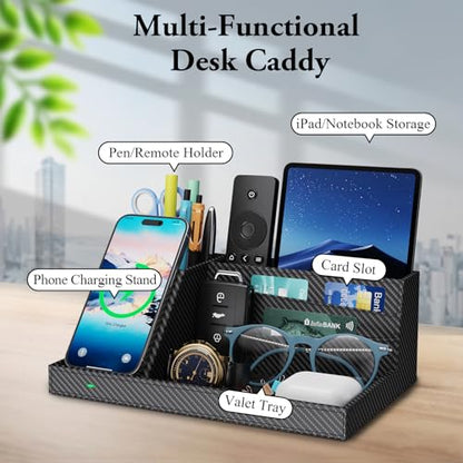 TopMade Wireless Charger Nightstand Organizer, Multi-functional Leather Home Office Supplies, Fast Charging Station for iPhone, Remote Control Pen Holder, Desktop Storage (Black Carbon Fiber) - color: Black Carbon Fiber