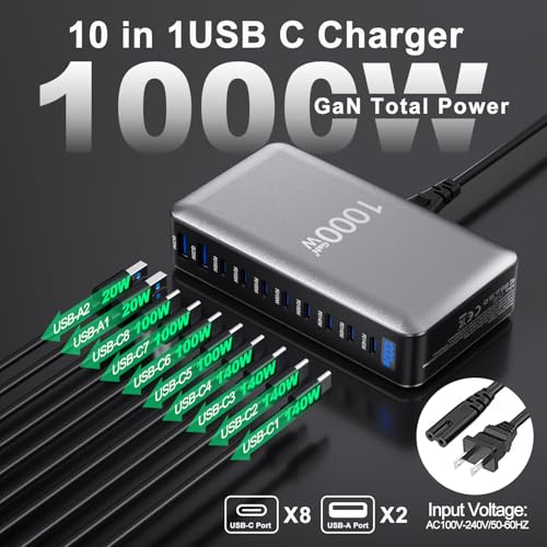 1000W USB C Charger GaN Fast USB C Charging Station Hub，10-Ports PD 140W Laptop Charging Adapter Compatible with MacBook Pro/Air,iPhone,DELL,Steam Deck,Galaxy,Google