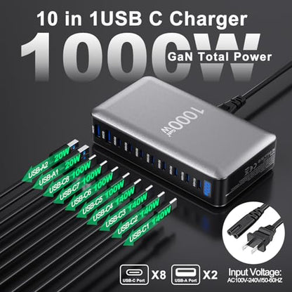 1000W USB C Charger GaN Fast USB C Charging Station Hub，10-Ports PD 140W Laptop Charging Adapter Compatible with MacBook Pro/Air,iPhone,DELL,Steam Deck,Galaxy,Google