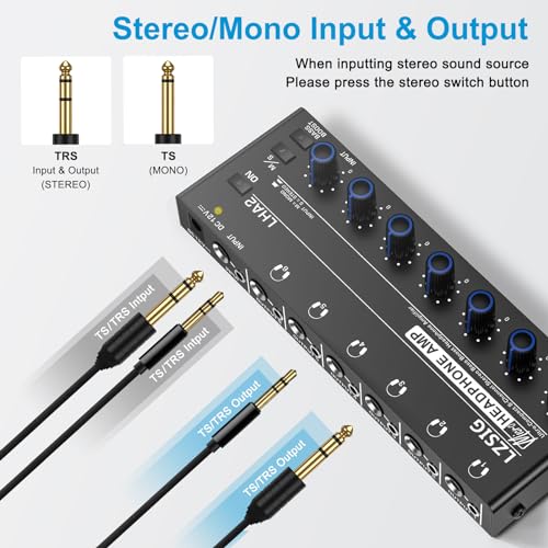 LZSIG Headphone Amplifier with Bass Boost, 6 Channel, 1 IN 6 OUT, DC 12V | Metal Stereo Audio Amplifier, Mini Earphone Splitter with Power Adapter, 1/4" & 1/8" TRS Headphones Output & TRS Audio Input - size: Medium(6-channel)