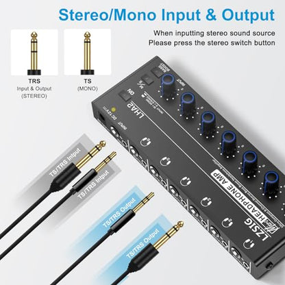 LZSIG Headphone Amplifier with Bass Boost, 6 Channel, 1 IN 6 OUT, DC 12V | Metal Stereo Audio Amplifier, Mini Earphone Splitter with Power Adapter, 1/4" & 1/8" TRS Headphones Output & TRS Audio Input - size: Medium(6-channel)