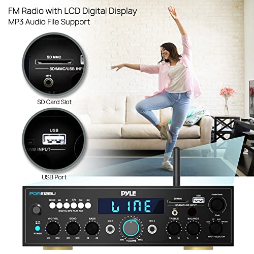 Pyle 200W Bluetooth Stereo Amplifier - Compact Desktop Power Amp Receiver with FM Radio, Karaoke Ready - Dual Mic Input with Echo, Digital LCD Display, RCA in/Out, USB-A Mp3 Player - Pyle PDA612BU