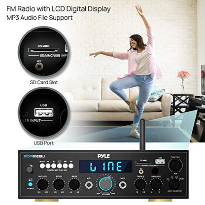 Pyle 200W Bluetooth Stereo Amplifier - Compact Desktop Power Amp Receiver with FM Radio, Karaoke Ready - Dual Mic Input with Echo, Digital LCD Display, RCA in/Out, USB-A Mp3 Player - Pyle PDA612BU