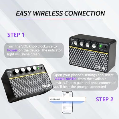 AZOR 10W Mini Guitar Amp, Rechargeable Portable Amp for Travel | Clean/Drive switchable, 6H battery life, 3.5mm headphone jack for silent practice, lightweight for travel