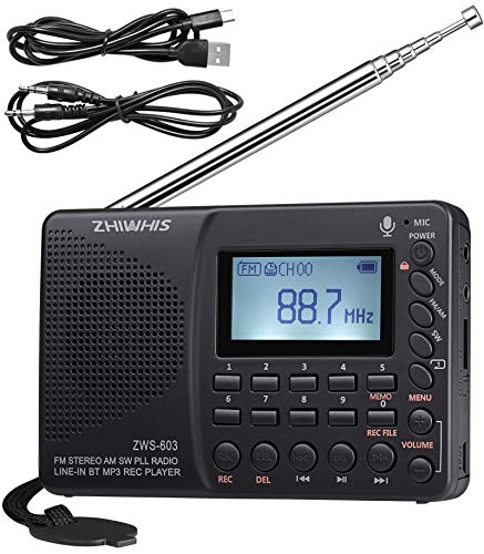 ZHIWHIS Portable Bluetooth Radio, FM AM Shortwave Radios with Sleep Timer and Preset Function, Rechargeable Digital Recorder, Stereo MP3 Player with Lyric Display, Support Micro SD Card and AUX - style: ZWS-603 (white backlight)