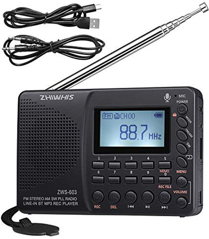 ZHIWHIS Portable Bluetooth Radio, FM AM Shortwave Radios with Sleep Timer and Preset Function, Rechargeable Digital Recorder, Stereo MP3 Player with Lyric Display, Support Micro SD Card and AUX - style: ZWS-603 (white backlight)