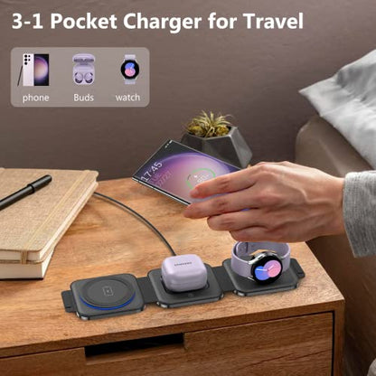 Travel Charger for Samsung Multi Devices, Foldable 3 in 1 Wireless Charging Station Fast Charging Stand/Pad Compatible for Samsung Galaxy S26/S25/S24/S23/Note20 GalaxyWatch8/7/6 Galaxy Buds4 - color: Black